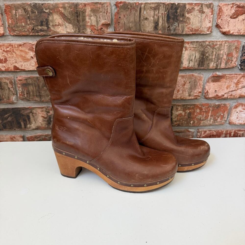 Ugg Lynnea Brown Leather Clog Boots Womens 8 Sherpa Lining Wood Heel